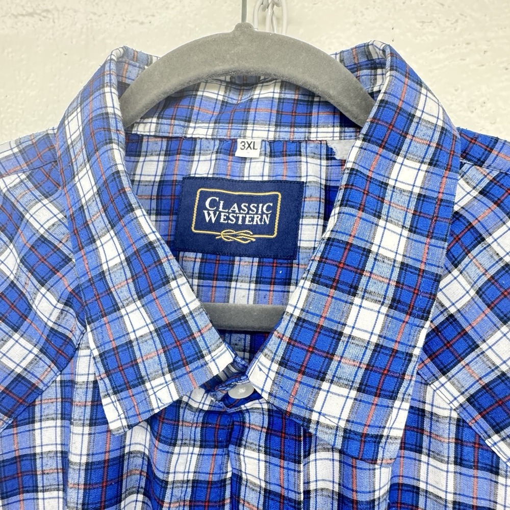 Classic Western Brand Men's Shirt Pearl Snap Blue Plaid Long Sleeve 3XL